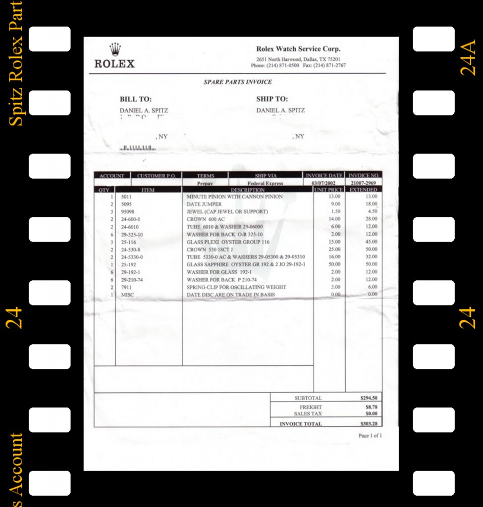 Dan Spitz personal Rolex parts account. Rare to have.